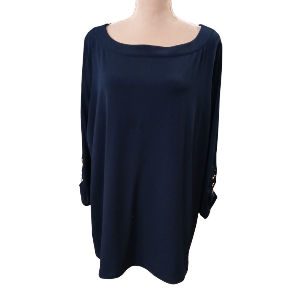 Susan Graver Navy Blue Boat Neck Top with Button Detail Women's 2X Flaw